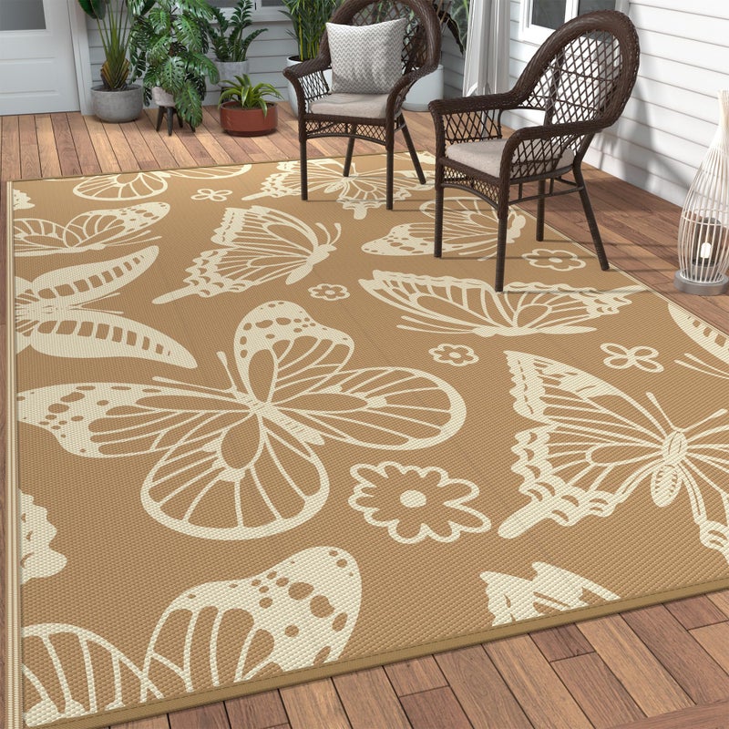 GENIMO Outdoor Rug 6' x 9' Waterproof for Patio Clearance, Reversible Plastic Straw Camping Carpet, Lightweight Mats for Rv, Camper, Deck, Porch, Picnic, Beach, Balcony, G.Brown & Beige - Image 1