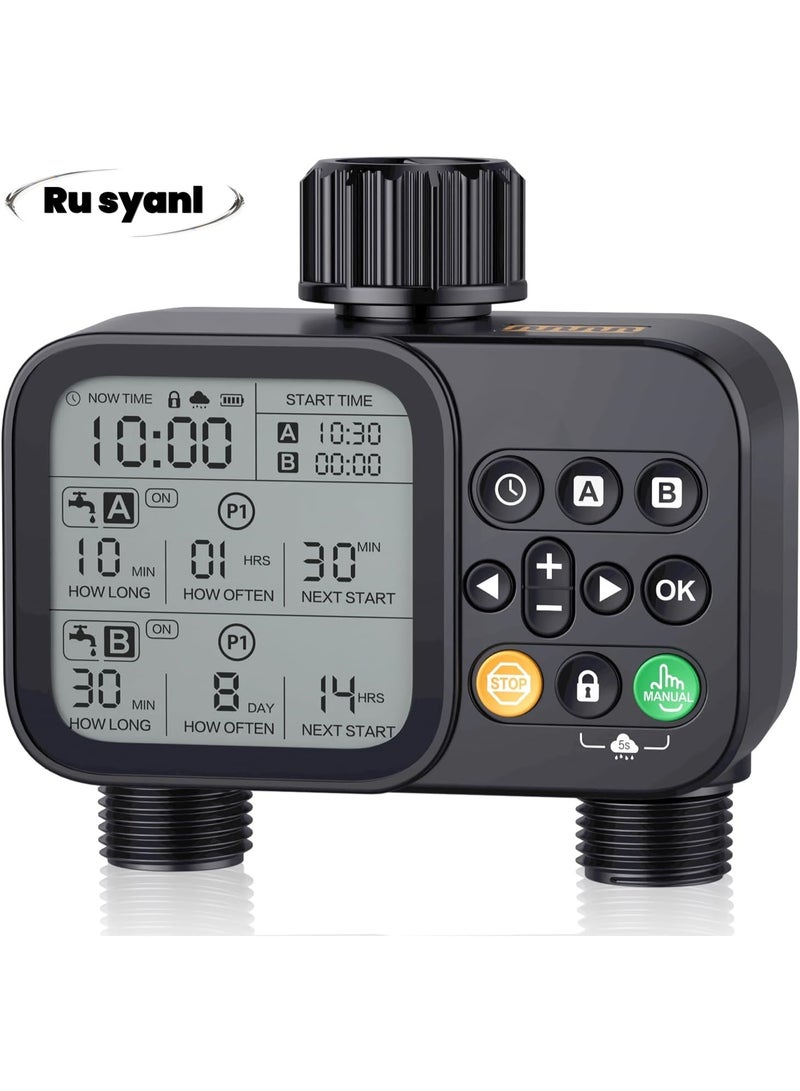 رو سيانل مؤقت ري ذكي مزدوج المناطق للحديقة - جهاز توقيت خرطوم مياه أوتوماتيكي مع شاشة LCD، تأخير المطر، 8 برامج، وضع يدوي، مقاوم للتسرب والطقس - مناسب للري بالتنقيط والساحات والمروج - Image 1