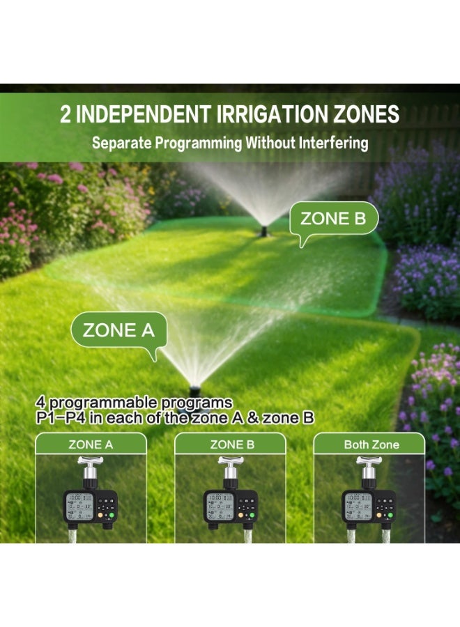 رو سيانل مؤقت ري ذكي مزدوج المناطق للحديقة - جهاز توقيت خرطوم مياه أوتوماتيكي مع شاشة LCD، تأخير المطر، 8 برامج، وضع يدوي، مقاوم للتسرب والطقس - مناسب للري بالتنقيط والساحات والمروج - Image 3