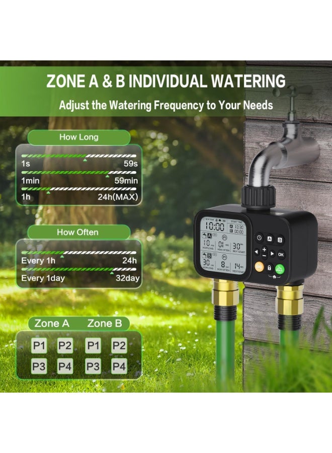 رو سيانل مؤقت ري ذكي مزدوج المناطق للحديقة - جهاز توقيت خرطوم مياه أوتوماتيكي مع شاشة LCD، تأخير المطر، 8 برامج، وضع يدوي، مقاوم للتسرب والطقس - مناسب للري بالتنقيط والساحات والمروج - Image 4