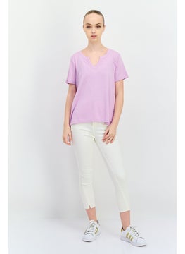 Eddie Bauer Women Horseshoe Neckline Short Sleeve Solid T-Shirts, Purple  - Image 4