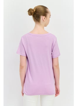 Eddie Bauer Women Horseshoe Neckline Short Sleeve Solid T-Shirts, Purple  - Image 3