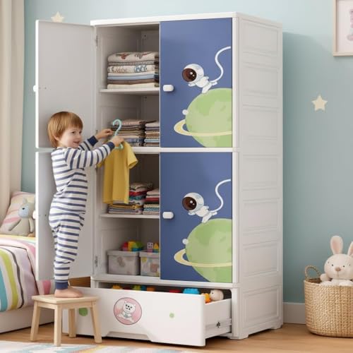 SNKR ESSENTIALS Kids Plastic Wardrobe with Drawers | Baby Cupboard for Clothes Storage | Cartoon Bear Design Children Almirah | Multi-Layer Kids Storage Cabinet for Bedroom & Nursery - Image 4
