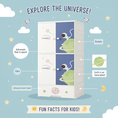 SNKR ESSENTIALS Kids Plastic Wardrobe with Drawers | Baby Cupboard for Clothes Storage | Cartoon Bear Design Children Almirah | Multi-Layer Kids Storage Cabinet for Bedroom & Nursery - Image 3