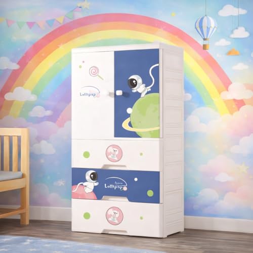 SNKR ESSENTIALS Kids Plastic Wardrobe with Drawers | Baby Cupboard for Clothes Storage | Cartoon Bear Design Children Almirah | Multi-Layer Kids Storage Cabinet for Bedroom & Nursery - Image 1