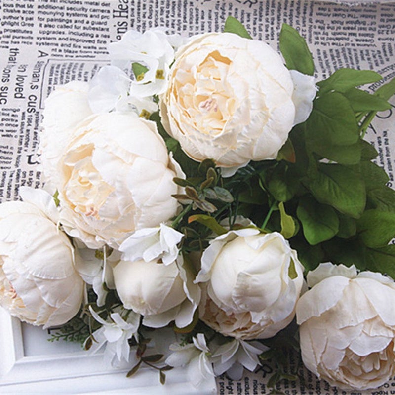 Artificial Peony 6 Milk White Blooms 2 Buds Real-Touch Silk Petals - Long-Lasting Faux Flowers Bendable Stems for Wedding Home Office Party Decor - Image 1