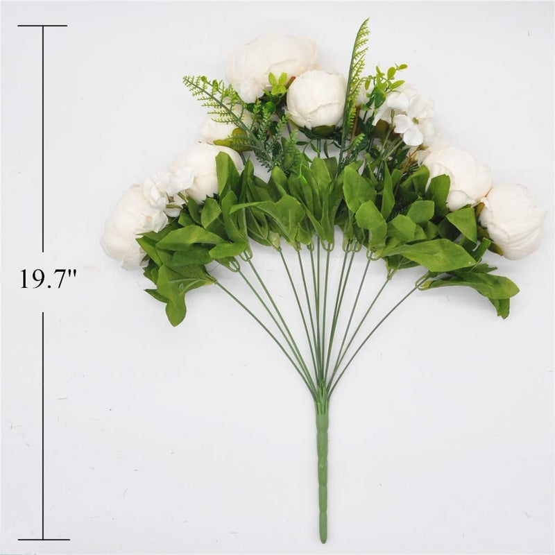 Artificial Peony 6 Milk White Blooms 2 Buds Real-Touch Silk Petals - Long-Lasting Faux Flowers Bendable Stems for Wedding Home Office Party Decor - Image 2