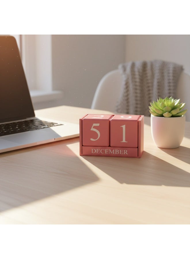 Perpetual Wooden Block Calendar - Desktop Manual Date Display for Days and Months - Stylish Home and Office Decor - Elegant Pink Color - Image 2