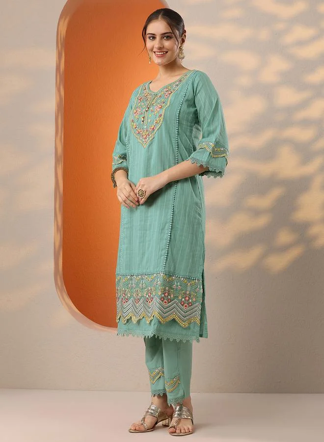 Libas Turquoise Blue Embroidered Cotton Blend Straight Kurta, Trousers and Dupatta Set