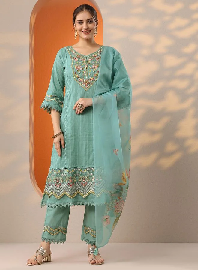 Libas Turquoise Blue Embroidered Cotton Blend Straight Kurta, Trousers and Dupatta Set