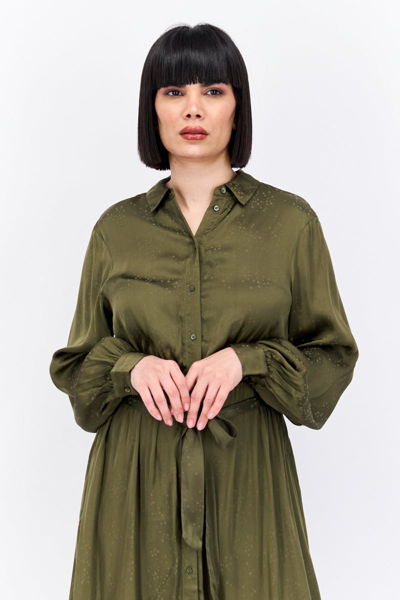 Women Textured Belted Shirt Dress, Olive