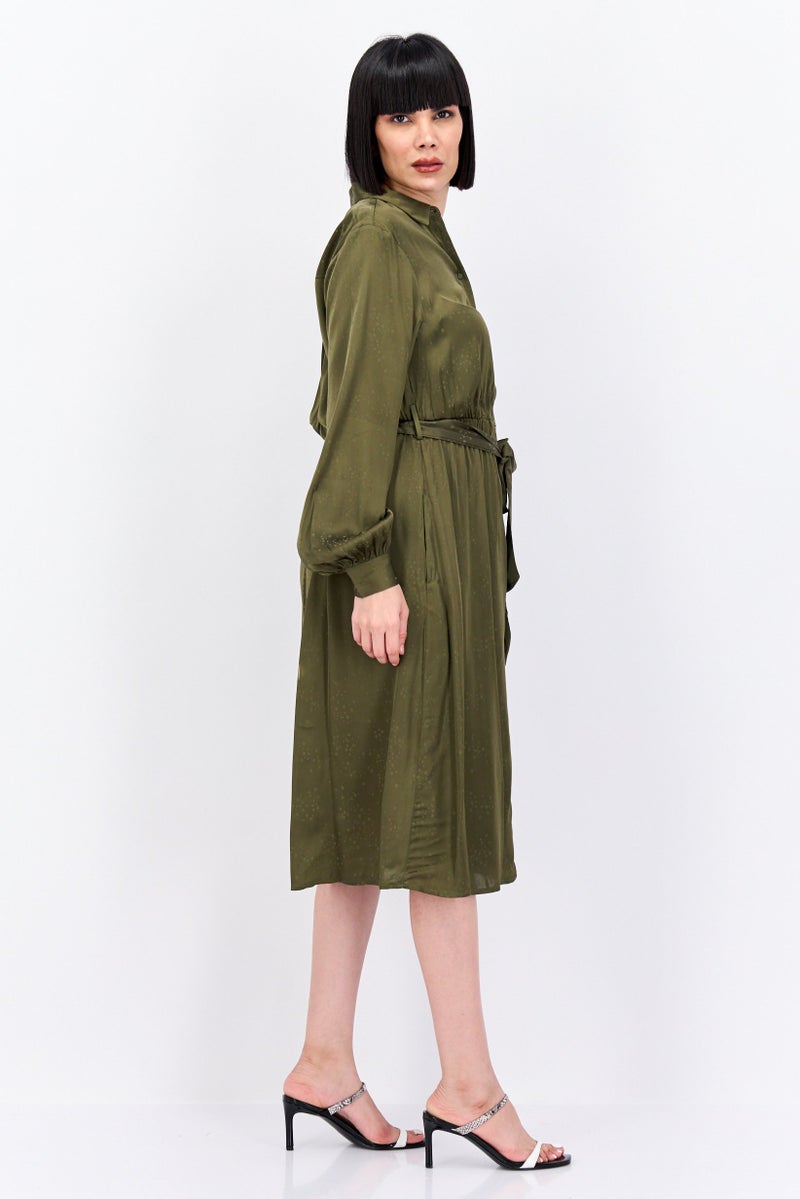 Women Textured Belted Shirt Dress, Olive