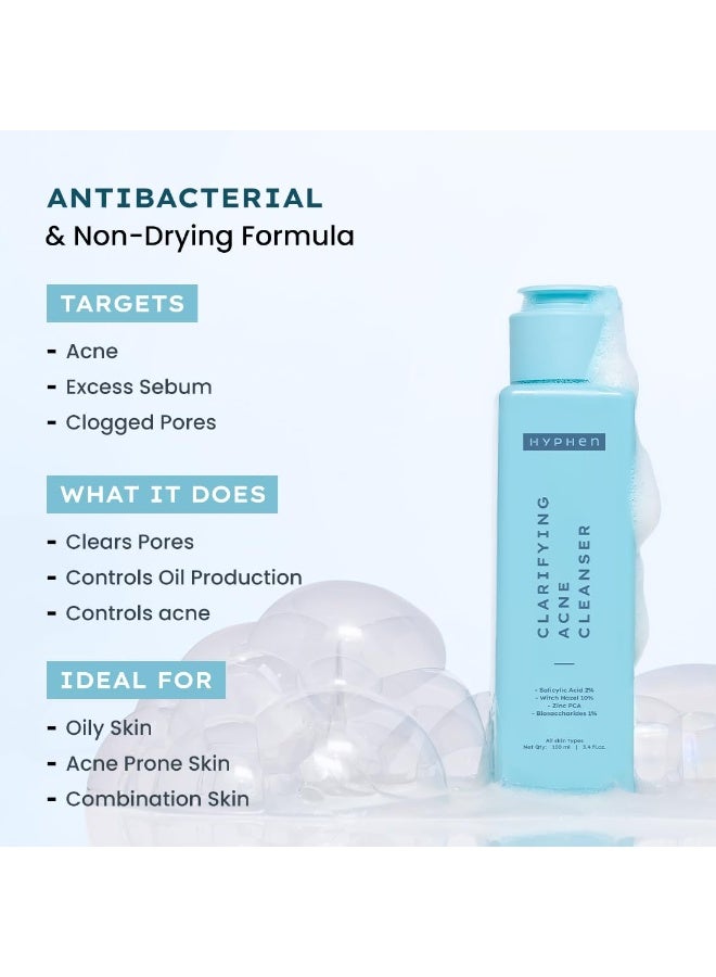 Hyphen Clarifying Acne Face Wash for Women and Men | Cleanser For Acne Prone Skin with Salicylic Acid 2%, Zinc PCA, Witch Hazel 10% | Oil Control Pore Cleasning | Antibacterial & Non-Drying - 100ml - Image 2