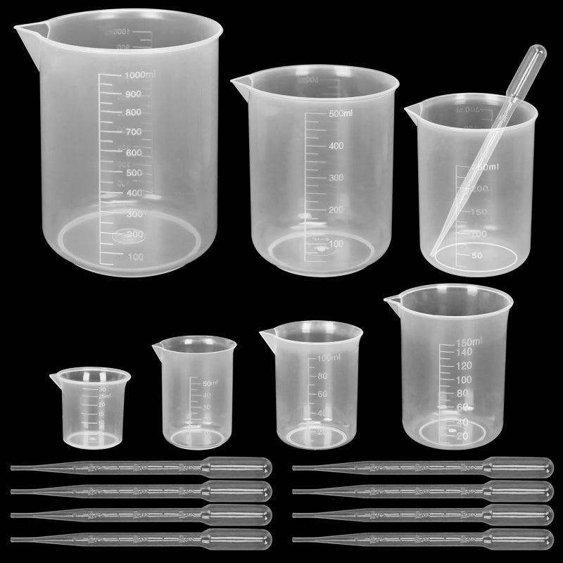 Twdrer 7 Sizes Plastic Beaker SetClear Measuring Graduated Liquid Container Beakers in 30ml50ml100ml150ml250ml500ml1000ml for Laboratory Measuring with 20 PCS Plastic Droppers in 3 ml