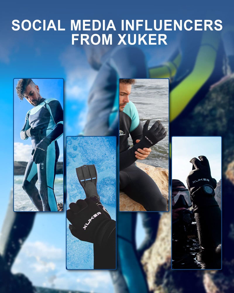 XUKER قفازات ماء XUKER، 3 مم و 5 مم نيونبرين بخمسة أصابع دافئة لبدلة الغوص شتاءً لقضاء الوقت في الغوص والغطس والتجديف وركوب الأمواج والتجديف وصيد السمك والتزلج (3 مم-أسود، XL) - Image 5