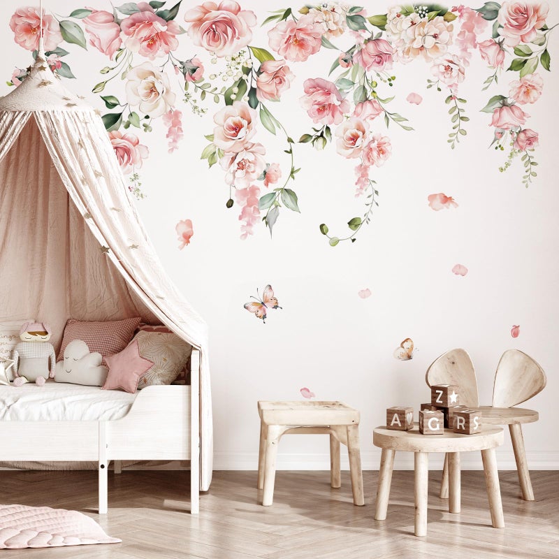decalmile Spring Large Pink Flower Wall Decals Hanging Vine Floral Wall Stickers Baby Nursery Girls Bedroom Living Room Wall Decor - Image 1
