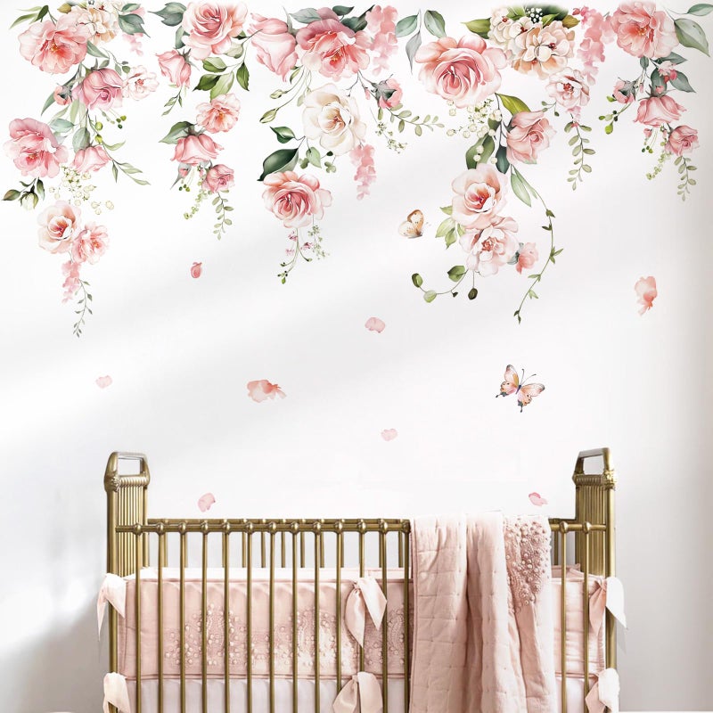 decalmile Spring Large Pink Flower Wall Decals Hanging Vine Floral Wall Stickers Baby Nursery Girls Bedroom Living Room Wall Decor - Image 2