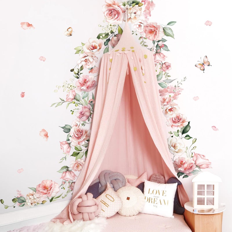 decalmile Spring Large Pink Flower Wall Decals Hanging Vine Floral Wall Stickers Baby Nursery Girls Bedroom Living Room Wall Decor - Image 3