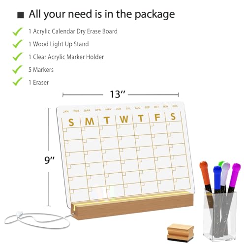 RR RAXMIN Light Up Clear Dry Erase Calendar 13 x 9 inch with 5 Markers, Acrylic Lighting Markable Calendar Board Agenda for Bedroom/Office/Home/Kitchen - Image 2