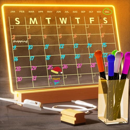 RR RAXMIN Light Up Clear Dry Erase Calendar 13 x 9 inch with 5 Markers, Acrylic Lighting Markable Calendar Board Agenda for Bedroom/Office/Home/Kitchen - Image 1