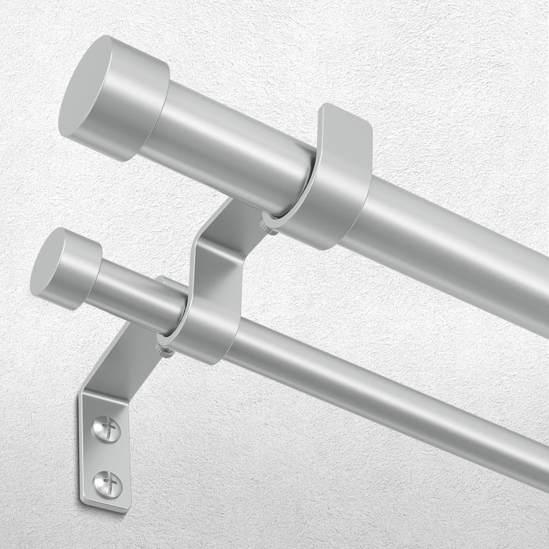 Wolistsa Silver Double Curtain Rod, 36 to 72 Inch Dual Curtain Rods with Aluminium Modern End Cap Finials, 1 Inch Adjustable Heavy Duty Window Treatment Rods, Telescopic Metal Double Drapery Pole Set - Image 1