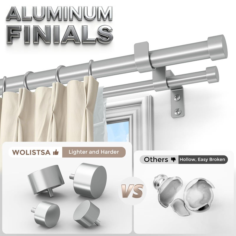 Wolistsa Silver Double Curtain Rod, 36 to 72 Inch Dual Curtain Rods with Aluminium Modern End Cap Finials, 1 Inch Adjustable Heavy Duty Window Treatment Rods, Telescopic Metal Double Drapery Pole Set - Image 2