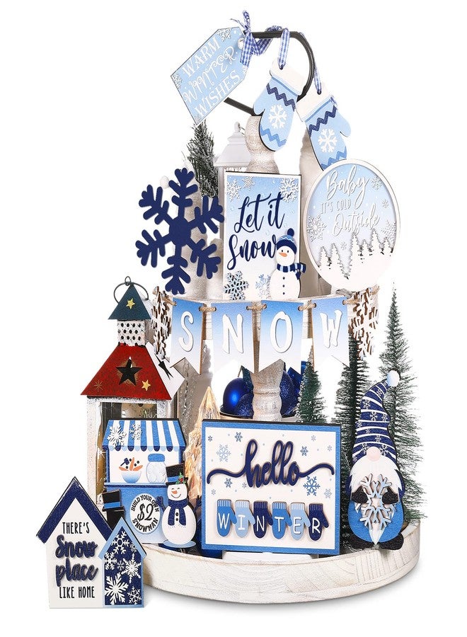 Kajaia 15 Pcs Christmas Tiered Tray Decor Set Hot Cocoa Wooden Signs Warm Winter Tabletop Wooden Block Sign Holiday Table Centerpiece for Xmas Home Table Decor (Snowflake) - Image 1