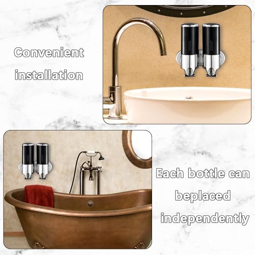 prosfalt 2 Chamber Wall Mounted Bathroom Shower Pump Dispenser and Organizer-Holds Shampoo, Soap, Conditioner, Shower Gel, for Bathroom Kitchen Hotel (Black 2 Chamber) - Image 2