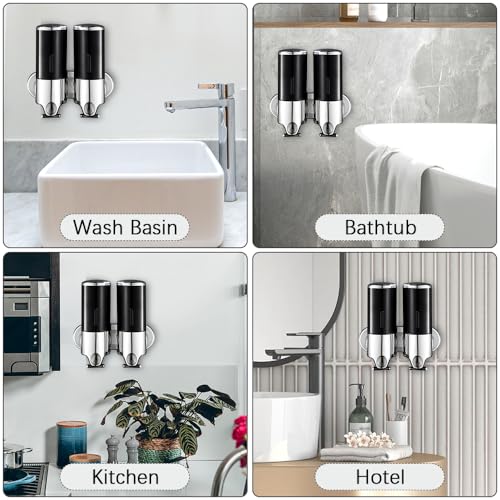 prosfalt 2 Chamber Wall Mounted Bathroom Shower Pump Dispenser and Organizer-Holds Shampoo, Soap, Conditioner, Shower Gel, for Bathroom Kitchen Hotel (Black 2 Chamber) - Image 4