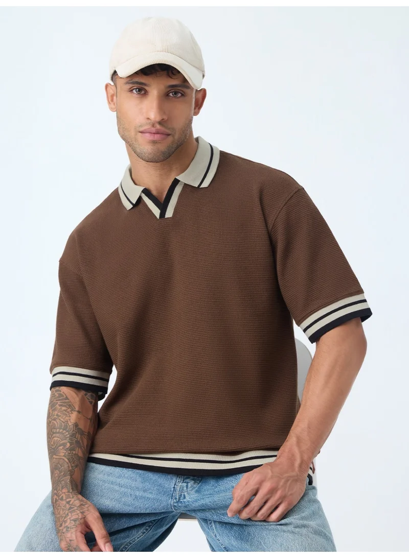 The Souled Store  The Souled Store New Basics: Russet Men and Boys Short Sleeve Spread Collar Russet Brown Textured Cotton Blend Oversized Everyday Polo Shirts  | Best Price UAE