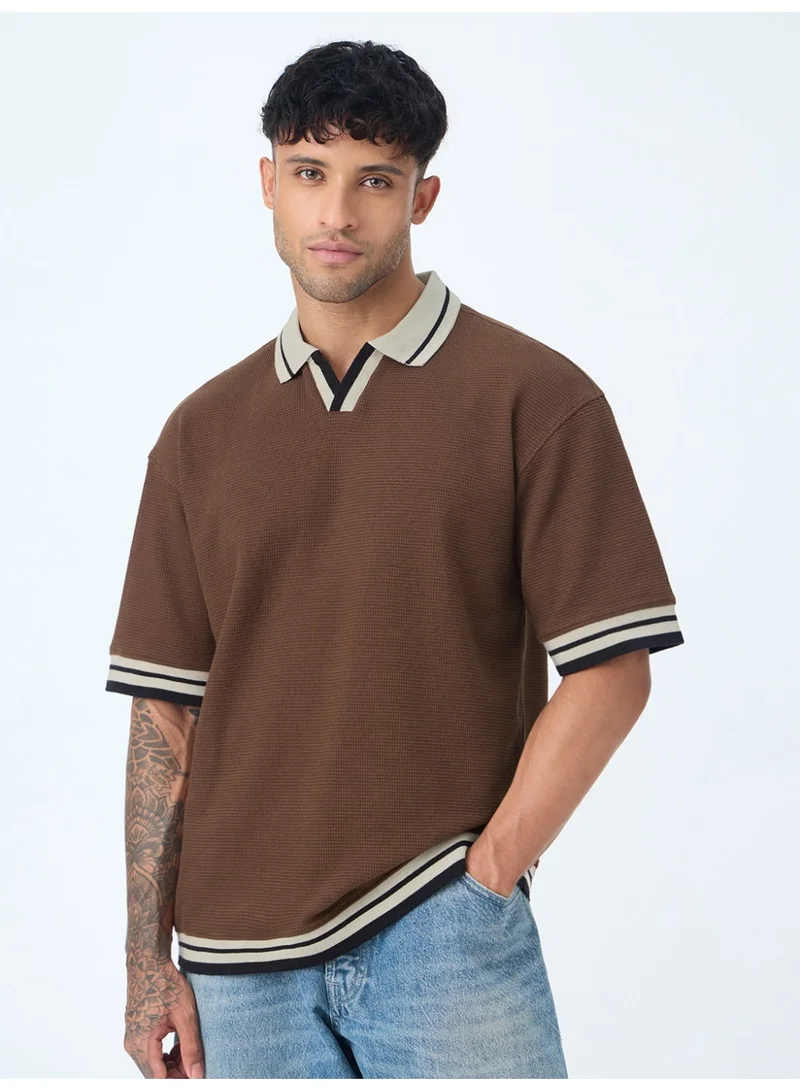 The Souled Store The Souled Store New Basics: Russet Men and Boys Short Sleeve Spread Collar Russet Brown Textured Cotton Blend Oversized Everyday Polo Shirts