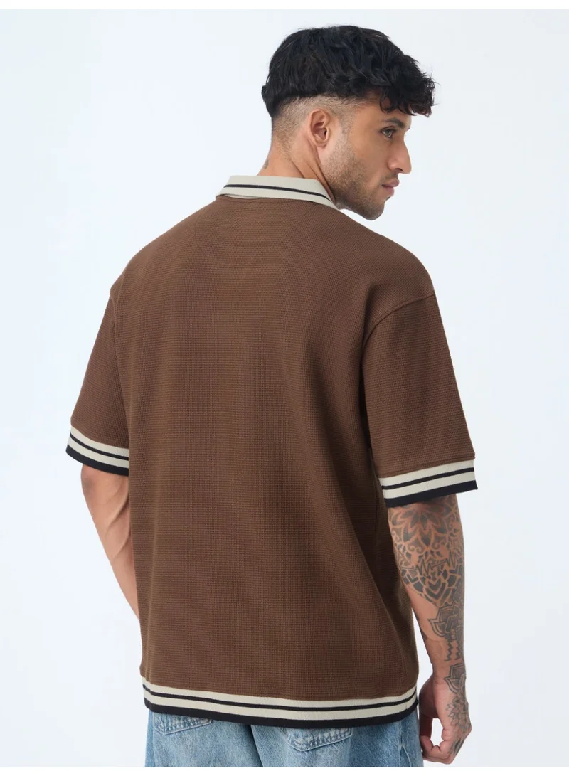 The Souled Store  The Souled Store New Basics: Russet Men and Boys Short Sleeve Spread Collar Russet Brown Textured Cotton Blend Oversized Everyday Polo Shirts  | Best Price UAE