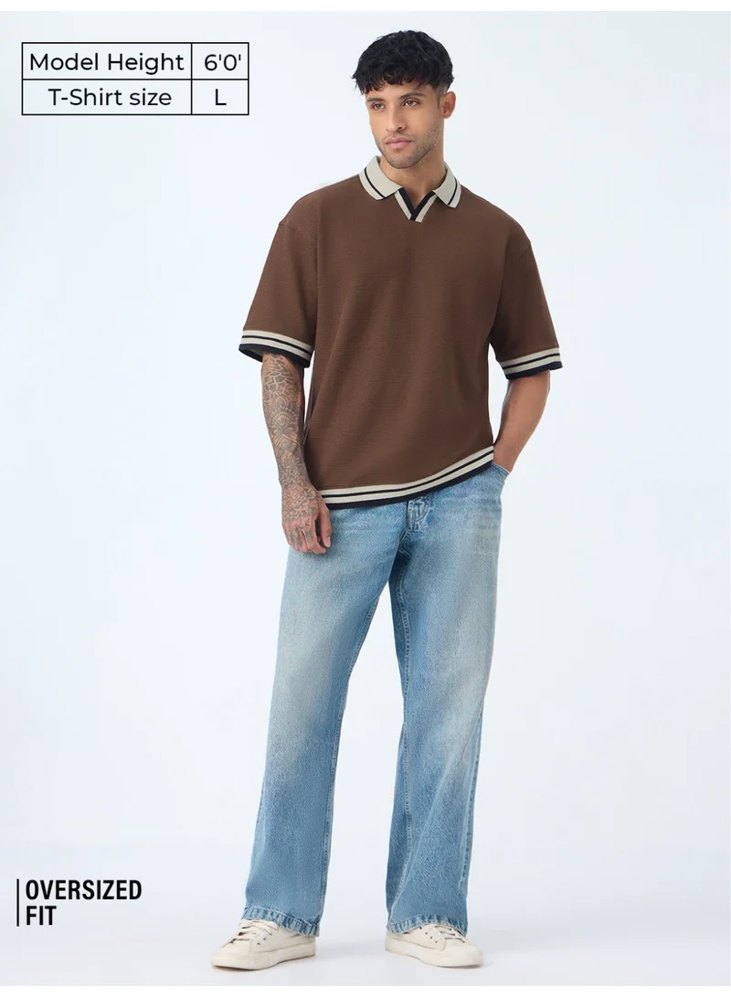 The Souled Store The Souled Store New Basics: Russet Men and Boys Short Sleeve Spread Collar Russet Brown Textured Cotton Blend Oversized Everyday Polo Shirts