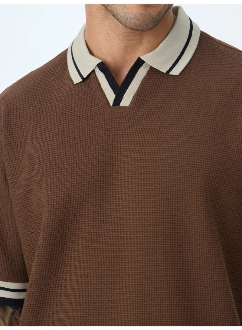 The Souled Store  The Souled Store New Basics: Russet Men and Boys Short Sleeve Spread Collar Russet Brown Textured Cotton Blend Oversized Everyday Polo Shirts  | Best Price UAE