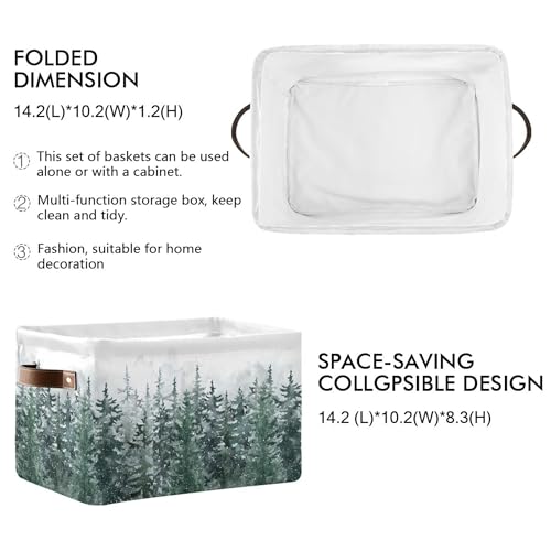 Wamika Winter Pine Forest Tree Storage Basket with Waterproof Liner and PU Handles Christmas Snow Scene Storage Bins Boxes 142 Collapsible Decorative Organizer Baskets for Bedroom Closet Office 1 Pack - Image 3