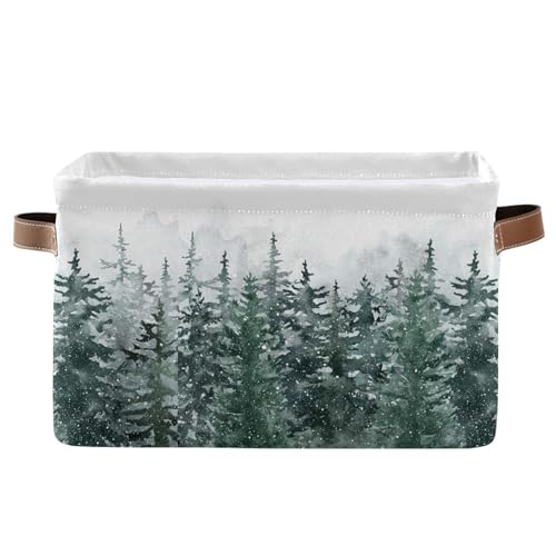 Wamika Winter Pine Forest Tree Storage Basket with Waterproof Liner and PU Handles Christmas Snow Scene Storage Bins Boxes 142 Collapsible Decorative Organizer Baskets for Bedroom Closet Office 1 Pack - Image 1