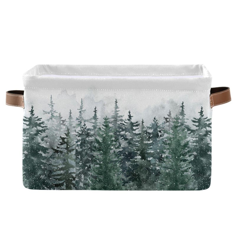 Wamika Winter Pine Forest Tree Storage Basket with Waterproof Liner and PU Handles Christmas Snow Scene Storage Bins Boxes 142 Collapsible Decorative Organizer Baskets for Bedroom Closet Office 1 Pack - Image 2