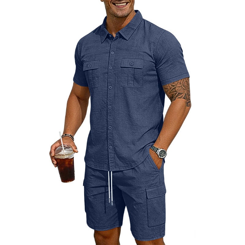 Men's Linen Turn-Down Collar Shirt and Shorts Set - Solid Color, Multi-Pocket Casual Summer Outfit