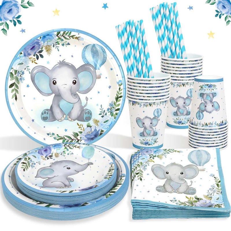 Heboland Elephant Baby Shower Decorations Boy Tableware Set for 25 Guests 125pcs Baby Shower Plates Cups and Napkins Blue Paper Plates Christening Decorations for Boys Party Christening Supplies