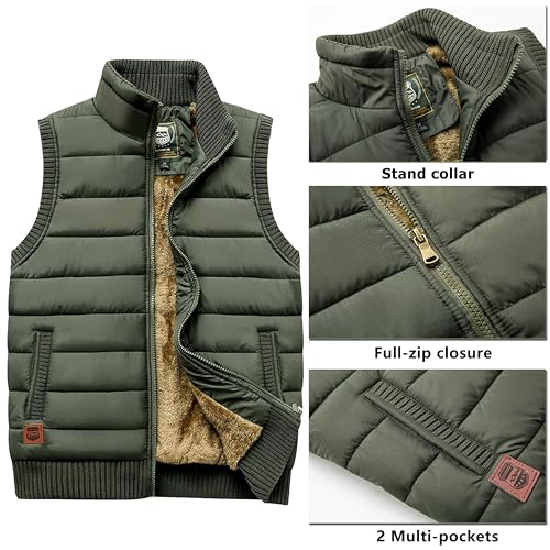 Vcansion Men's Outdoor Casual Stand Collar Thicken Qulited Fleece Jacket Vest Padded Lightweight Down Cotton Vest Coat Army Green US M - Image 2