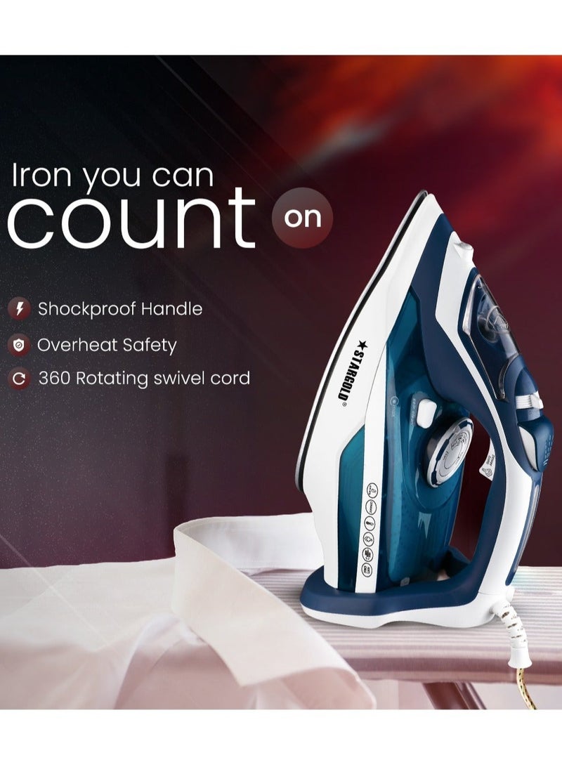 Stargold Dry and Wet Steam Iron 3000W Adjustable Temperature Ceramic Soleplate Blue  - Image 3