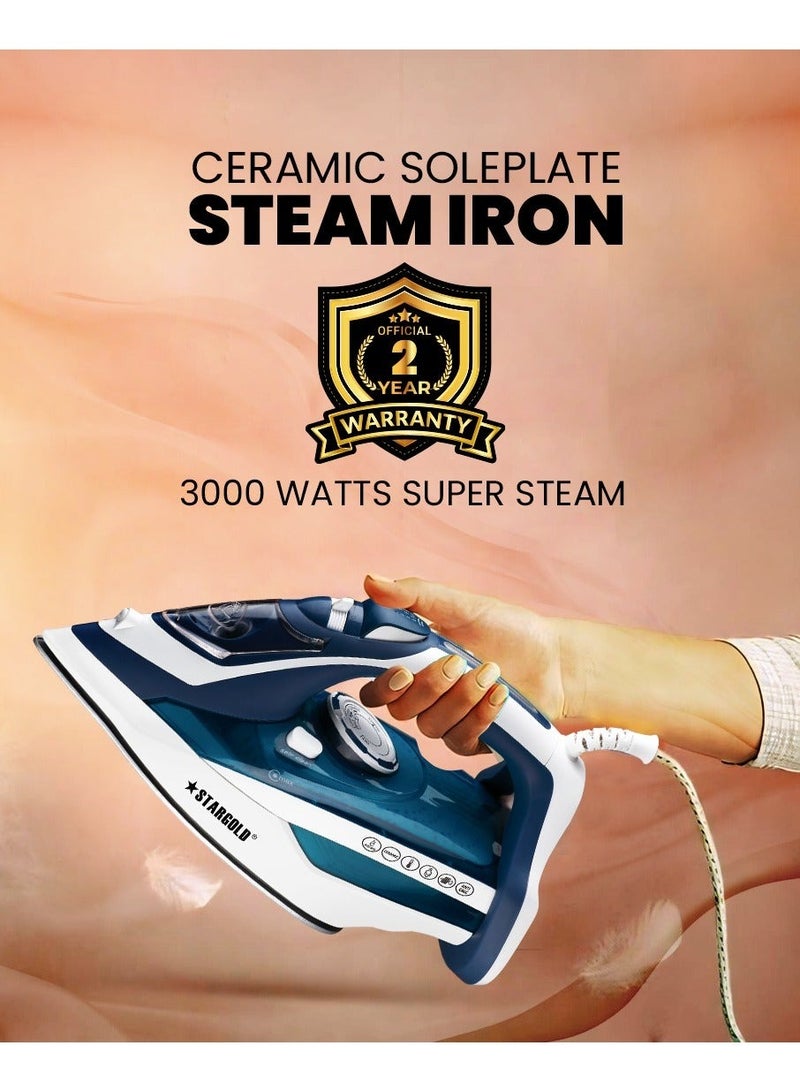 Stargold Dry and Wet Steam Iron 3000W Adjustable Temperature Ceramic Soleplate Blue  - Image 5