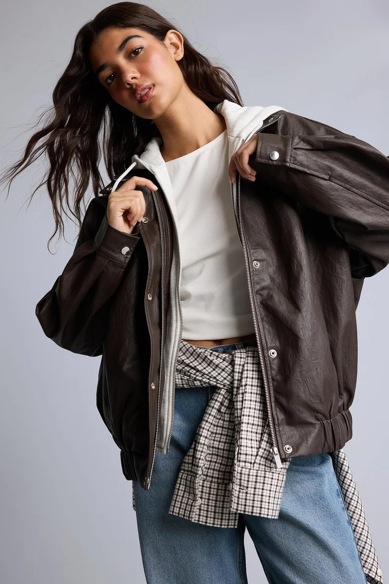 Relaxed Fit Hooded Faux Leather Jacket