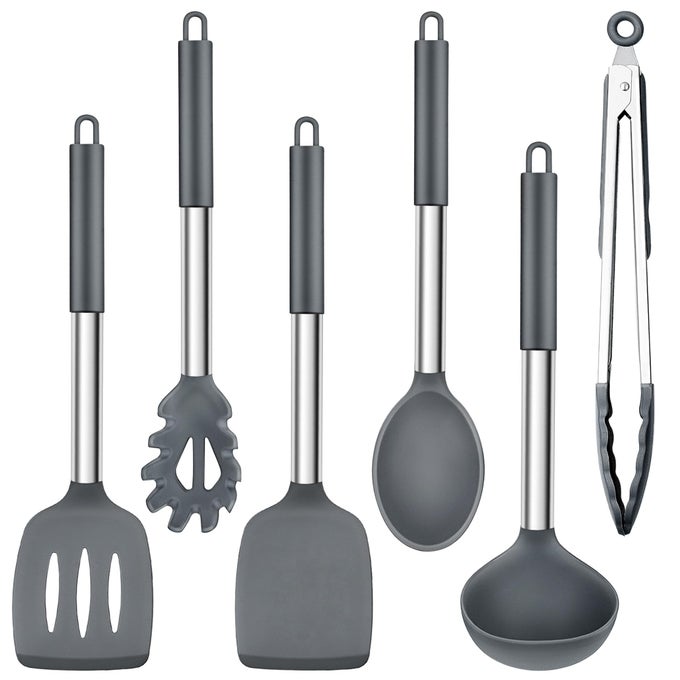 KITCHEN UTENSILS SET 6PIECE SILICONE COOKING UTENSIL SET HEAT RESISTANT STAINLESS STEEL HANDLE COOKING TOOLS NONSTICK SILICONE SPATULA TURNER SPOON SET EASY TO CLEAN GREY