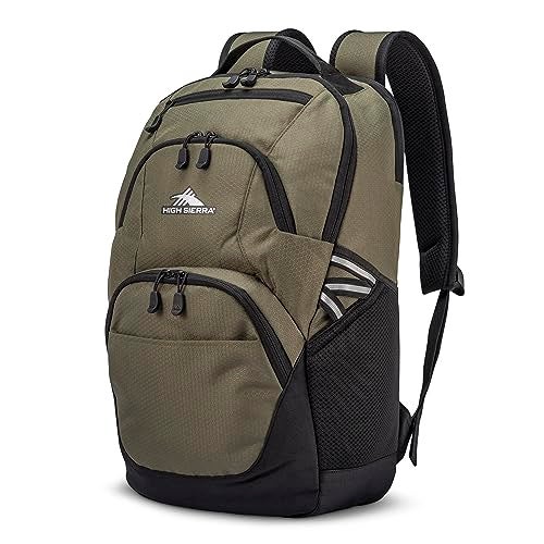 High Sierra Swoop Backpack, Lightweight Bookbag, Large Main Compartment + External Accessory Pockets, Separate Laptop Pocket, Dual Water Bottle Pockets, Fits most 17” Laptops, 30L Capacity, Olive - Image 1