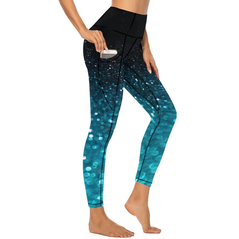 KevaMolly Yoga Pants with Phone Pockets for Women High Waisted Leggings Petite Length Workout Activewear Y2k Blue Blister Print - Image 2