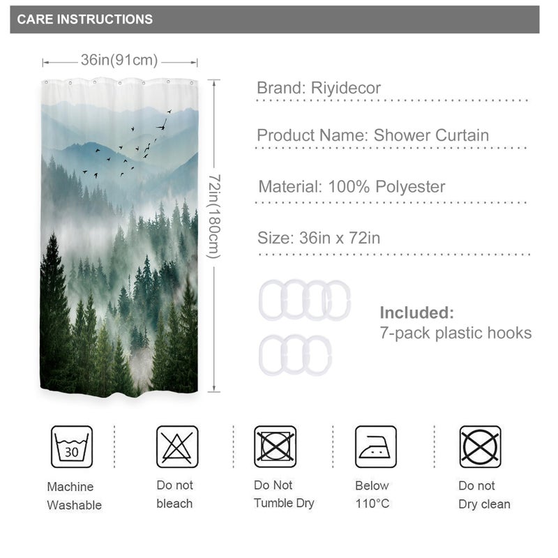 Riyidecor Small Stall Mountain Shower Curtain 36Wx72H Inch Green Rv Single Rustic Foggy Misty Nature Pine Tree Scenery Woodland Mens Bathroom Decor Fabric Polyester Waterproof 7 Pack Hooks - Image 3