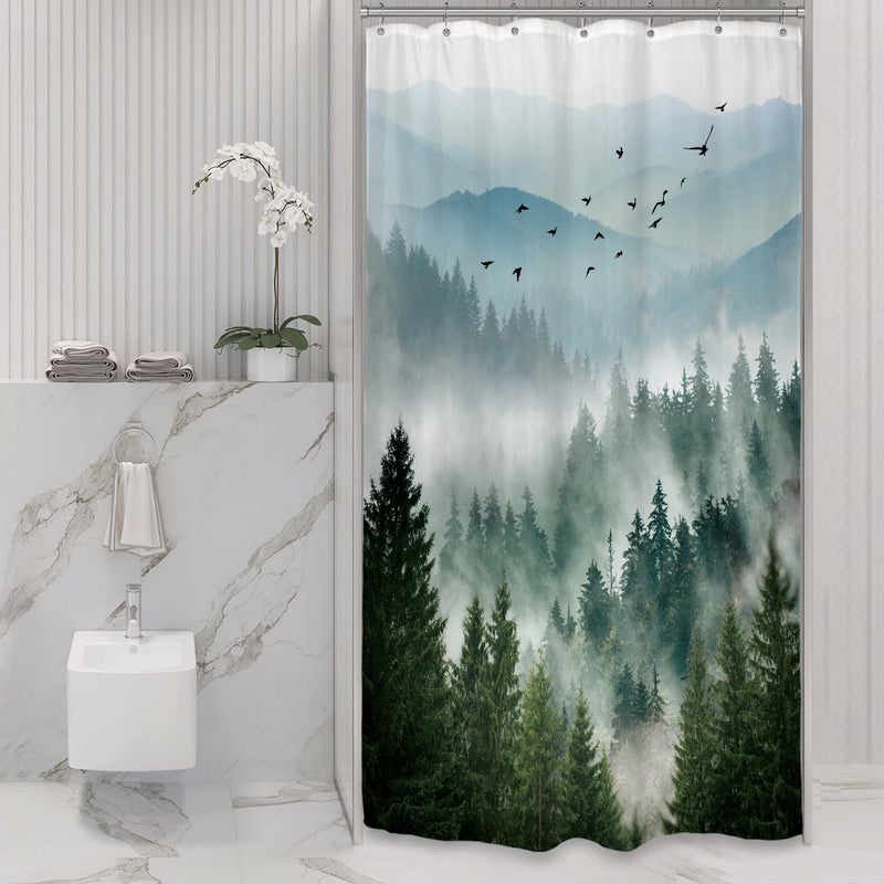 Riyidecor Small Stall Mountain Shower Curtain 36Wx72H Inch Green Rv Single Rustic Foggy Misty Nature Pine Tree Scenery Woodland Mens Bathroom Decor Fabric Polyester Waterproof 7 Pack Hooks - Image 1