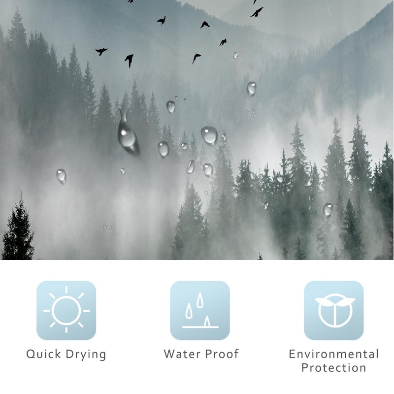 Riyidecor Small Stall Mountain Shower Curtain 36Wx72H Inch Green Rv Single Rustic Foggy Misty Nature Pine Tree Scenery Woodland Mens Bathroom Decor Fabric Polyester Waterproof 7 Pack Hooks - Image 4