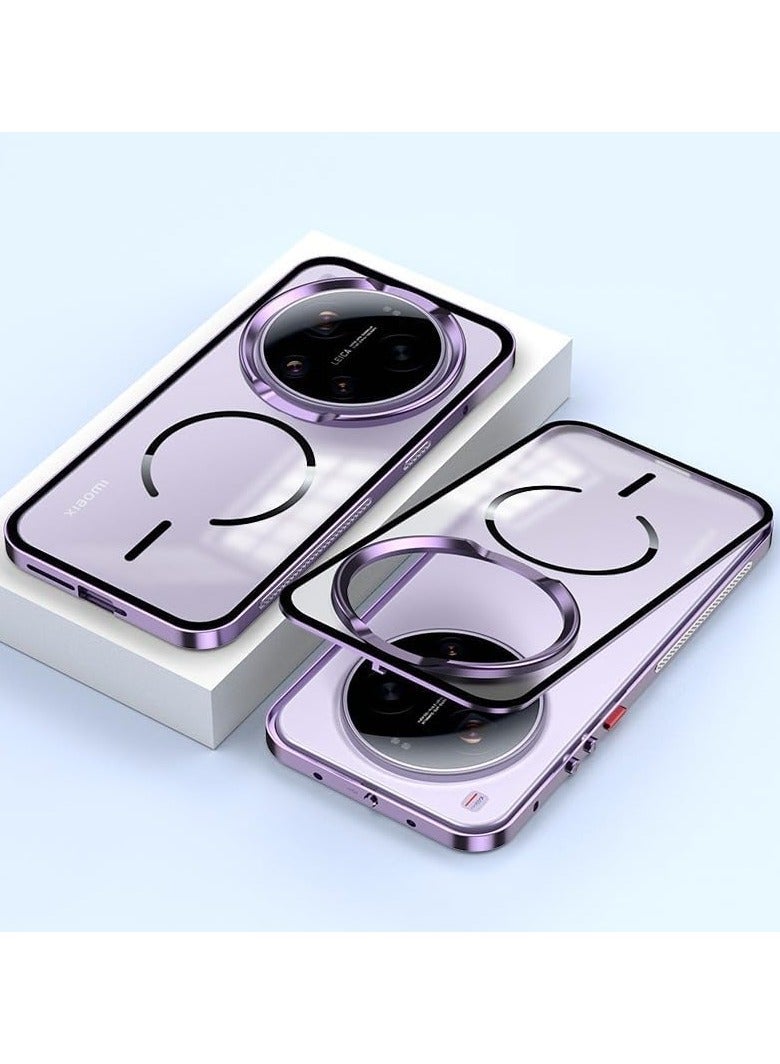 Magnetic protective case compatible with Xiaomi 17 Ultra, featuring an aluminum alloy metal frame and a matte-finish semi-transparent back cover. Shock-absorbing bumper support with wireless charging capability.